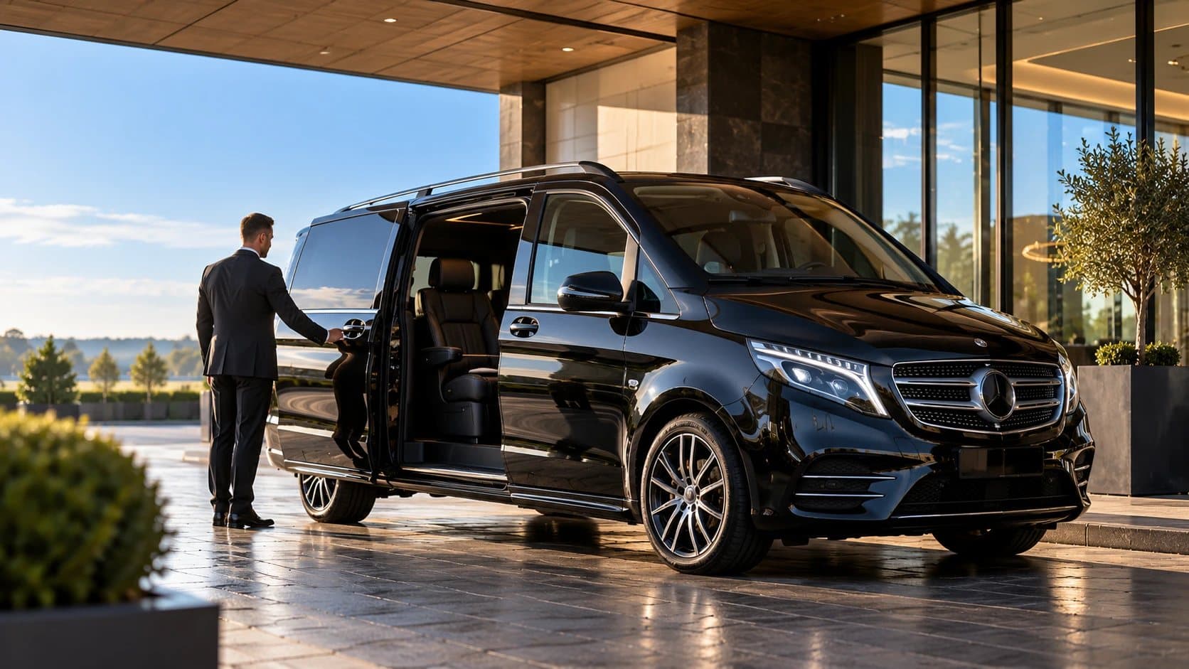A chauffeur opening the door of a black executive van outside a hotel