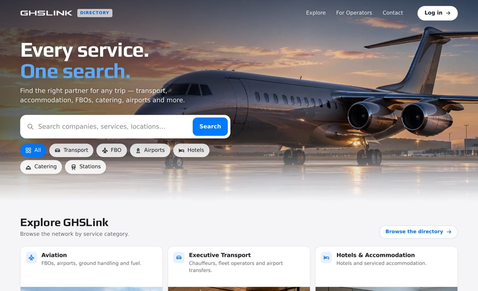 The Go directory: a search box with filters for transport, FBOs, airports, hotels, catering and stations
